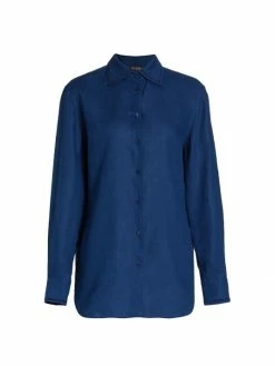 Loro Piana Idelle Linen Button-Up Shirt Midsummer Night Ocean Water